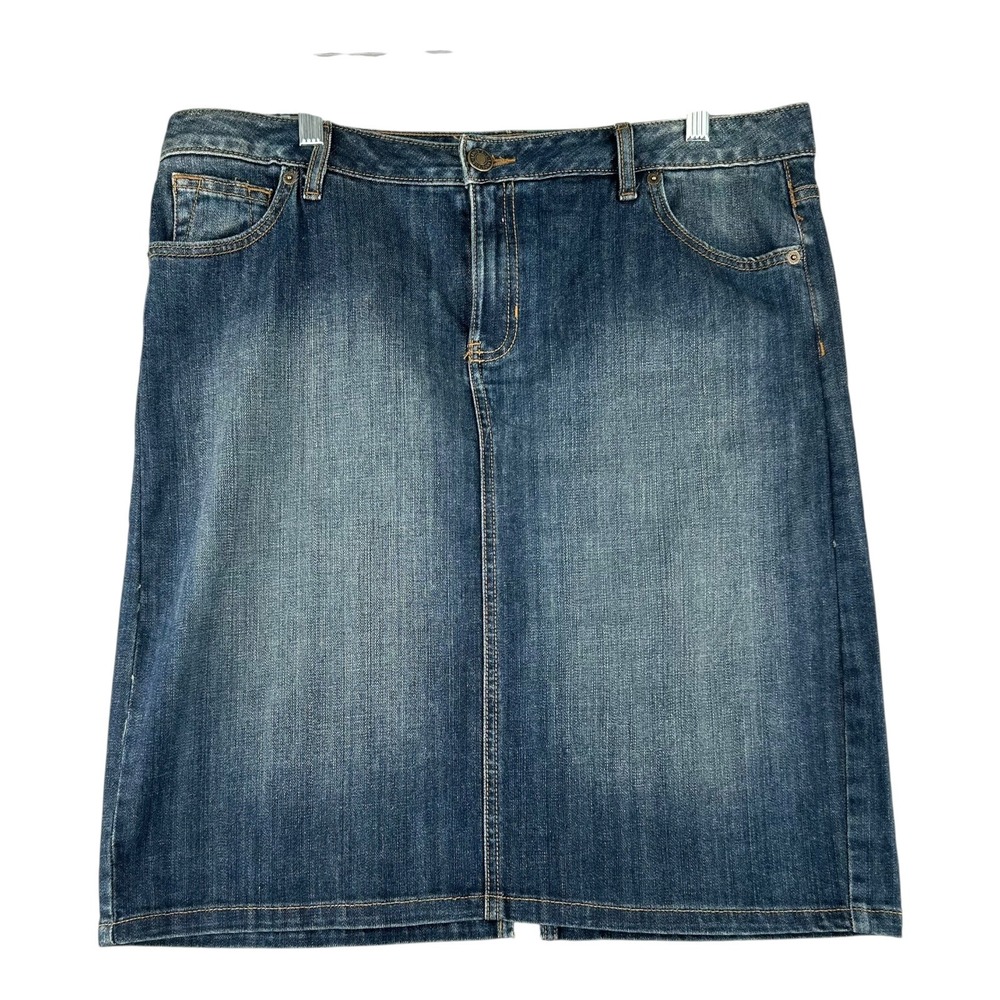 Lands‎ End Straight Denim Above Knee Skirt Y2K Faded Wash Stretch Womens Size 12